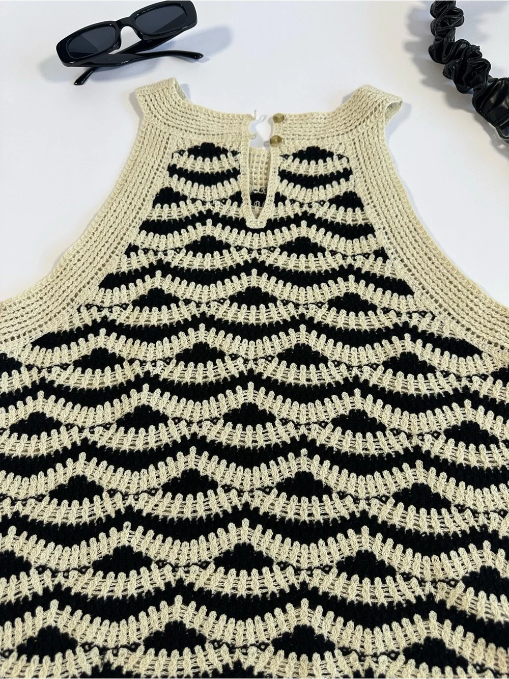 LOFT Black & Cream Crocheted Wave Tank